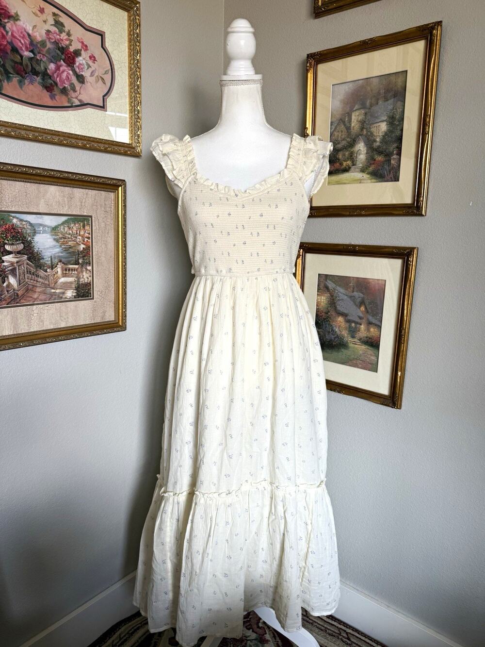 American Eagle Ivory Dotted Smocked Ruffle Strap Square Neck Midi Sundress Small